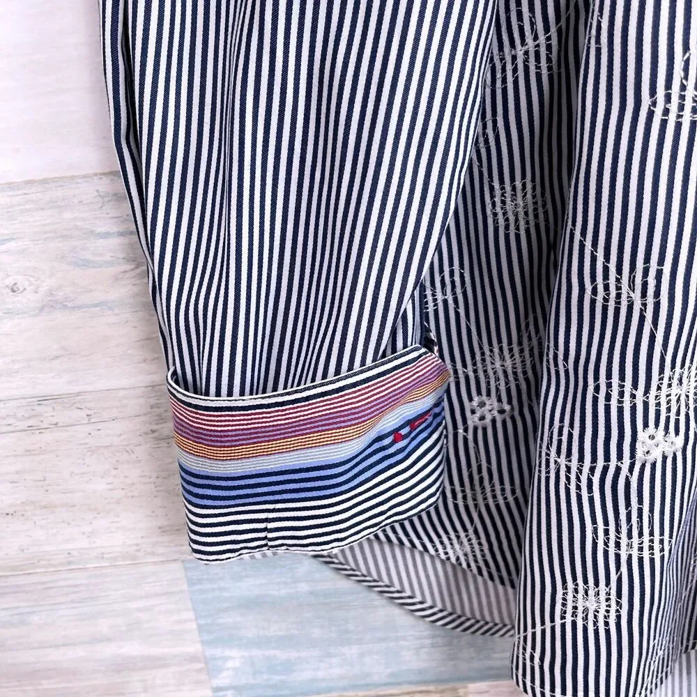Bugatchi Uomo Floral Embroidered Shirt Blue White Striped Casual Cotton Mens XL